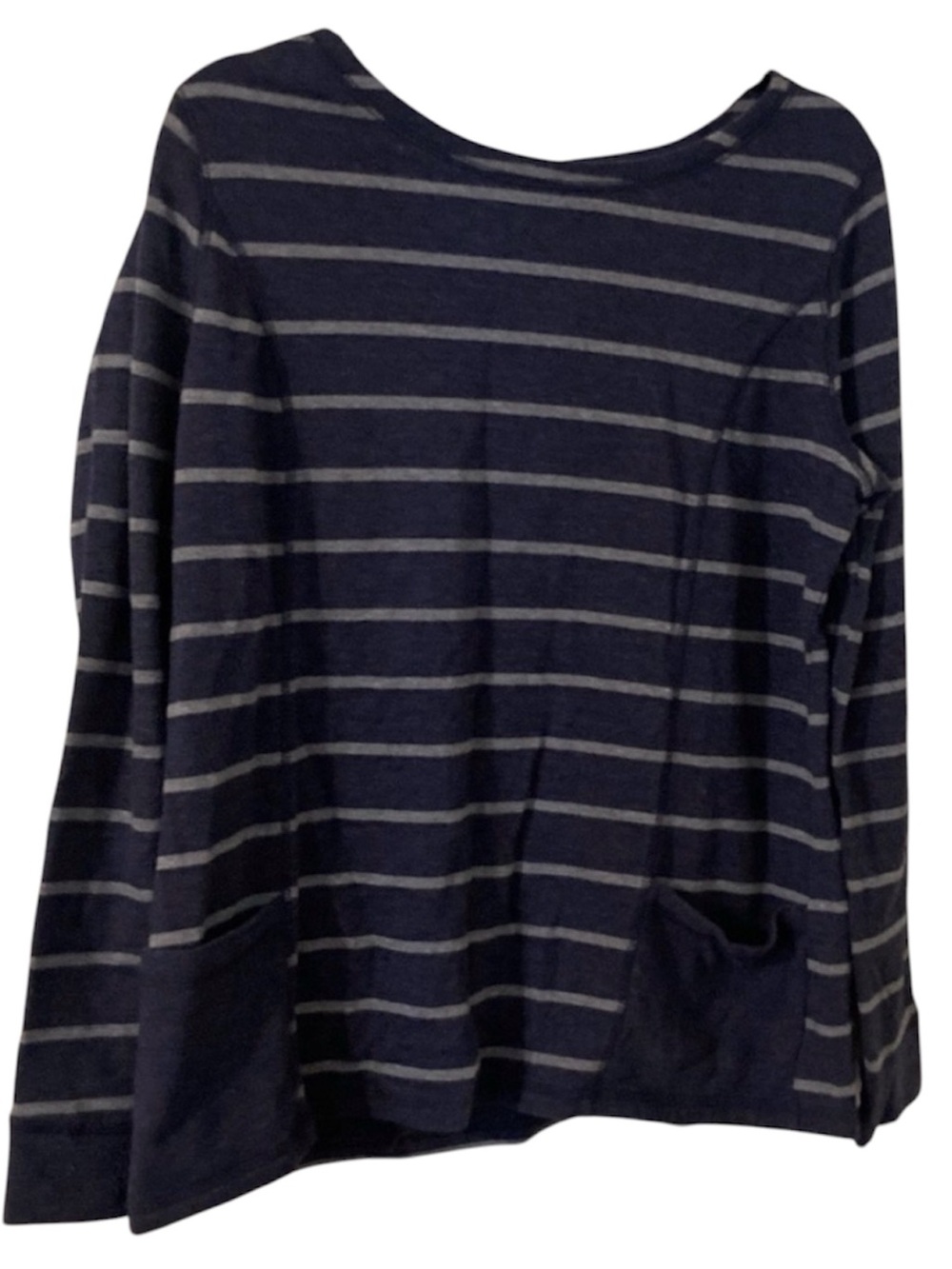 Kim Rogers Blue and Gray Striped Fleece top with pockets. Size medium. NWOT.